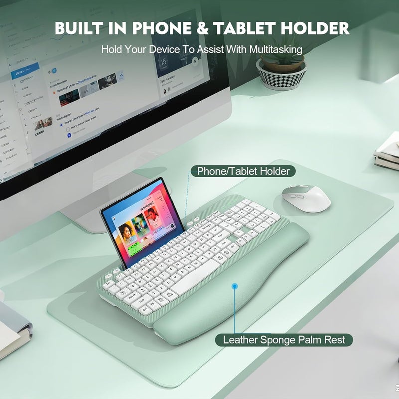 EAYBLLY Wireless Keyboard and Mouse Combo, Wave Keys Full-Sized Ergonomic Keyboard with Cushioned Plam Rest, Phone Holder, Comfortable Natural Typing, 2.4G Cordless Set for Computer, Laptop, PC, Mac, Windows - Image 5
